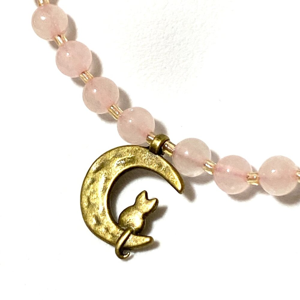 Pink Genuine Gemstone Rose Quartz Bronze Cat on the Moon Beaded Short Necklace